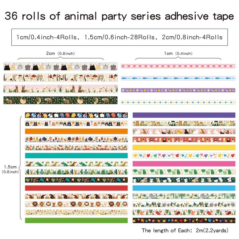 icceemee 36 Rolls Animal Theme Washi Tape Set, Colorful Cute Adorable Animals Writable Decorative Tapes for Scrapbooking, Junk Journal Supplies, Bullet Journaling, 0.6"x79" per Roll - Image 2